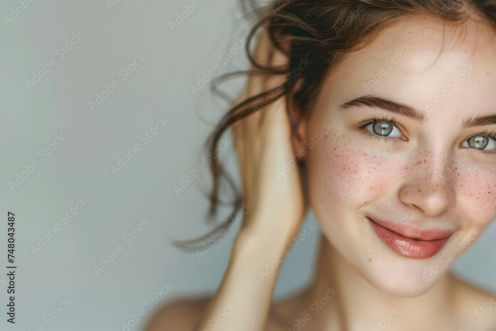 Beautiful smiling woman with clean skin, on grey background. Beautiful smiling woman with clean skin, on grey background.