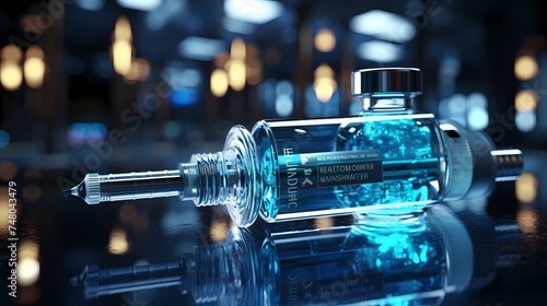 A close-up shot of a syringe and vial, with a medical cross symbol in the background, representing the administration of medication and the importance of healthcare, captured in high-definition detail photo
