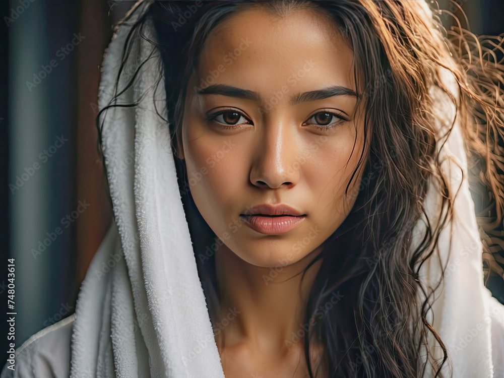 Asian woman with wet hair and a towel on her head. Spa treatments. Rest at the hotel. Hygiene procedures Asian woman with wet hair and a towel on her head. Spa treatments. Rest at the hotel. Hygiene procedures
