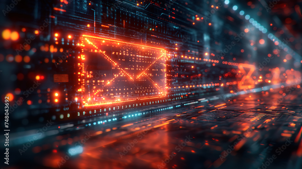 Fototapeta premium Email envelope 3d on a digital virtual background, communication mail correspondence message receiving symbol