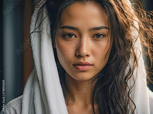 Asian woman with wet hair and a towel on her head. Spa treatments. Rest at the hotel. Hygiene procedures