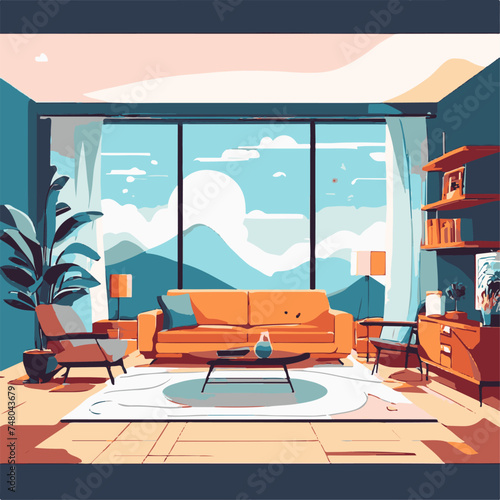 Living room interior with sofa, coffee table, panoramic window and mountain view vector illustration