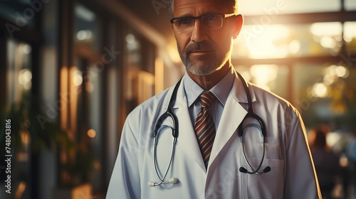 A high-definition image of a medical doctor in a white lab coat, holding a stethoscope and examining a patient, showcasing professionalism and care, captured with high-definition clarity photo