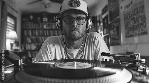 DJ Selfie: A Man with His Turntable and Headphones