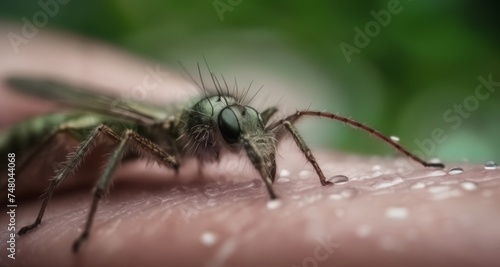  Close-up of a dragonfly on a human hand, with a blurred green background