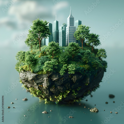 3D Illustration of City and Trees on a Sustainable Island