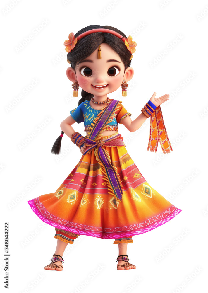 A smiling cute girl cartoon character dancing and wearing traditional colorful clothing