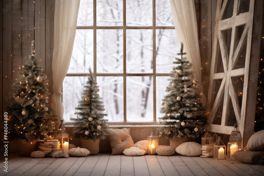 christmas background with fine wood boards on the floor and defocused interior with christmas decorations 