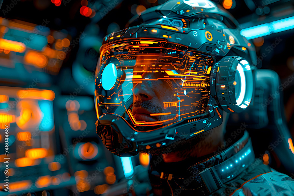 Futuristic fighter pilot wearing a helmet with alternate reality ...