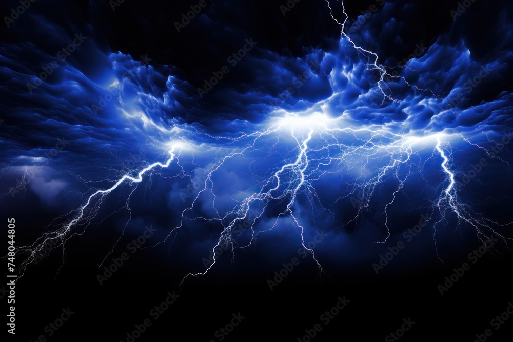 scenery neural storm great concept, concentration of energy, blue strong numerous lightning strikes - obrazy, fototapety, plakaty 
