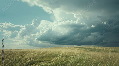 Wind blown rural fields and storm clouds in summ