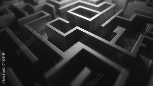 a 3D labyrinth image with a complex maze-like structure in monochrome, showcasing intricate pathways with a play of shadows and light for depth and texture