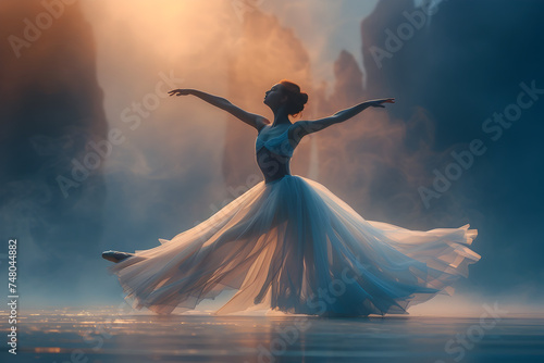 Female Ballerina Dancing in Epic Fantasy Style at Sunrise