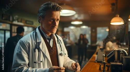 A high-definition image of a medical doctor in a white lab coat, holding a stethoscope and examining a patient, showcasing professionalism and care, captured with high-definition clarity photo