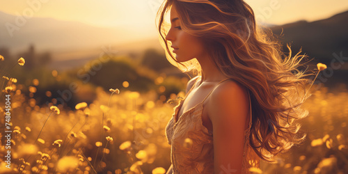 Beautiful woman standing on the blooming field on sunset. © LeManna
