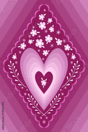 Greeting card with gradient hearts and flowers. Romantic red pink vector illustration. Decorative floral ornament on delicate red. Background with decorative elements for printing. Wedding decor.