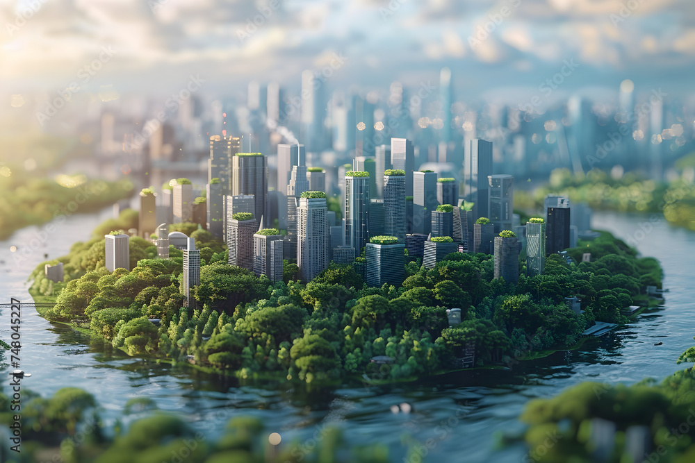 Futuristic Cityscape Over a Natural Lake and Green Trees