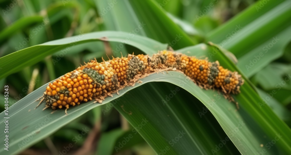 Fototapeta premium Bright yellow corn kernels on a green plant