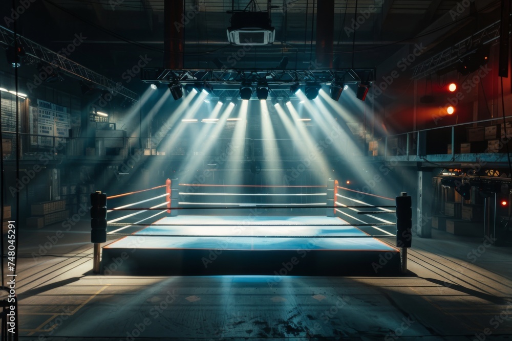 boxing ring with illumination by spotlights 