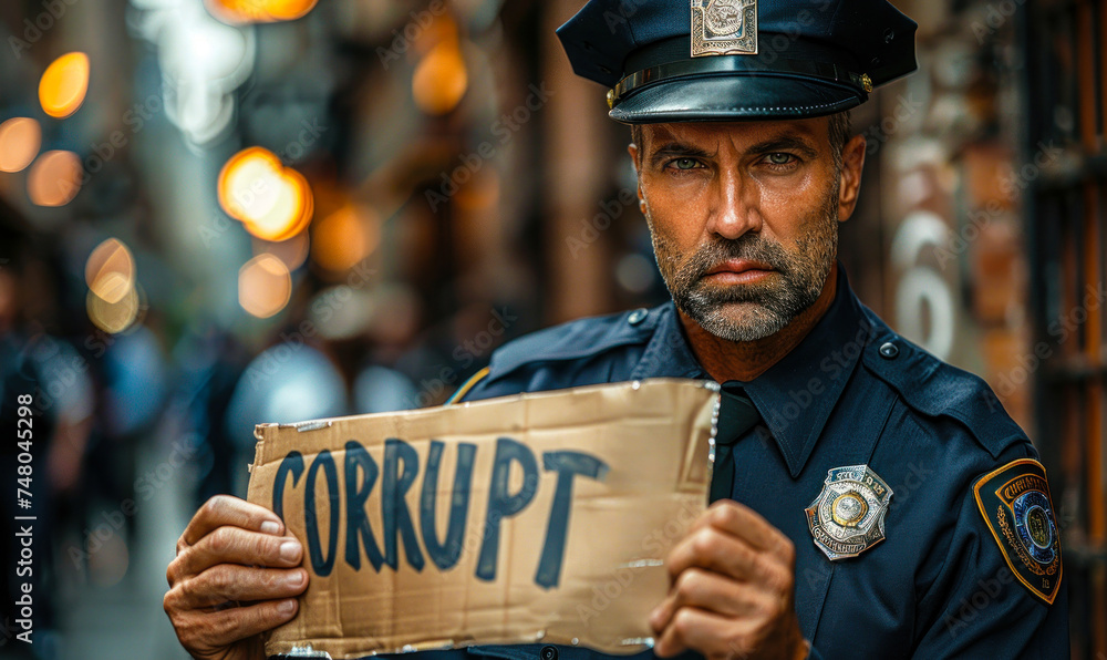 Stern faced police officer in uniform, symbolically holding a sign