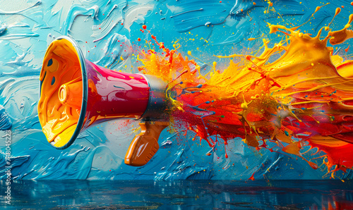 Vibrant creativity and communication concept with a colorful megaphone amidst splashing paint on an abstract dynamic background symbolizing expression © Bartek