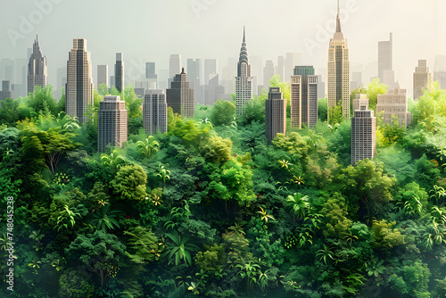 Futuristic City Skyline Surrounded by Tropical Greenery photo