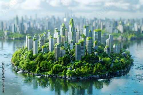 Futuristic Green City on an Island with Environmental Awareness