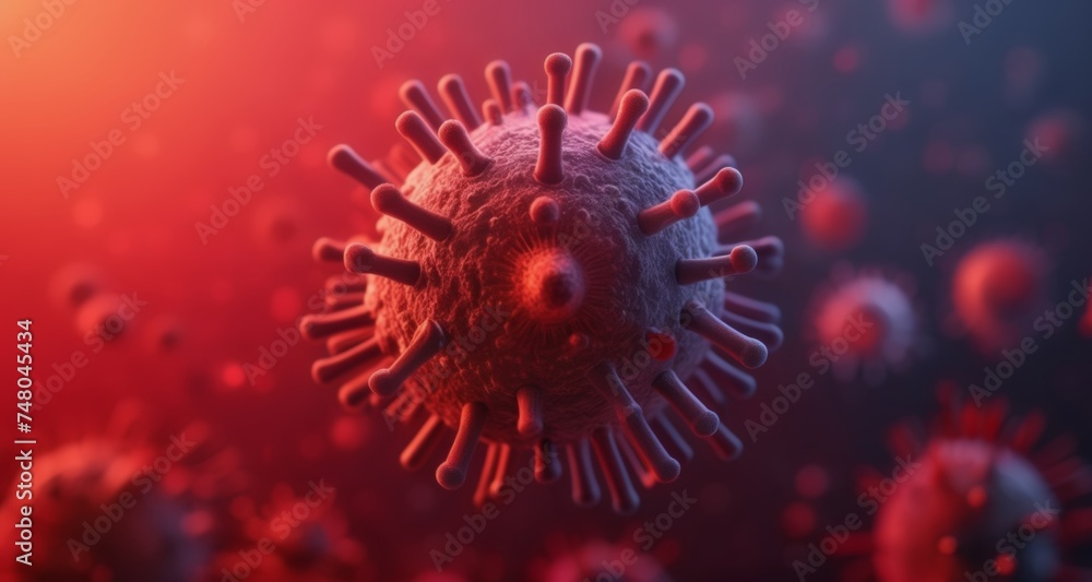 Viral outbreak - A close-up view of a virus particle amidst a sea of others Viral outbreak - A close-up view of a virus particle amidst a sea of others
