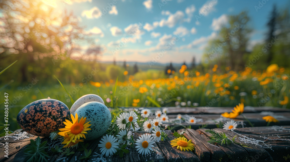 An Easter Background featuring a lush green meadow dotted with colorful spring flowers. Generative ai. An Easter Background featuring a lush green meadow dotted with colorful spring flowers. Generative ai.