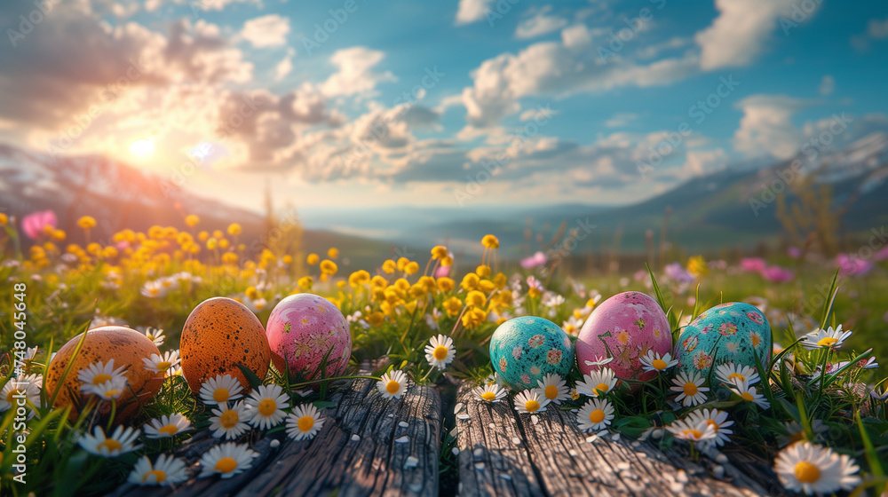 An Easter Background featuring a lush green meadow dotted with colorful spring flowers. Generative ai.