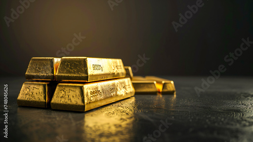 Stacks of pure gold bullion bar on dark background.