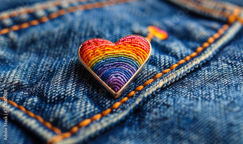 Rainbow colored heart pin on blue denim fabric, a subtle statement of LGBTQ+ pride and support, conveying a message of love and equality