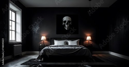 An artfully dark bedroom setting, punctuated by a striking skull artwork above the bed. The subtle lighting creates a moody and introspective atmosphere.