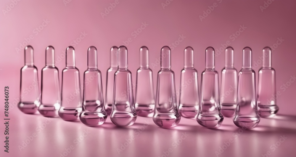 A collection of clear glass vials on a pink background A collection of clear glass vials on a pink background