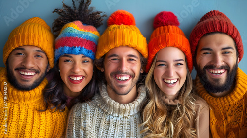 Group of Happy Friends Smiling in Colorful Beanies photo