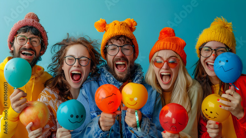 Group of Happy Young Friends Holding Colorful Balloons for April Fools Day