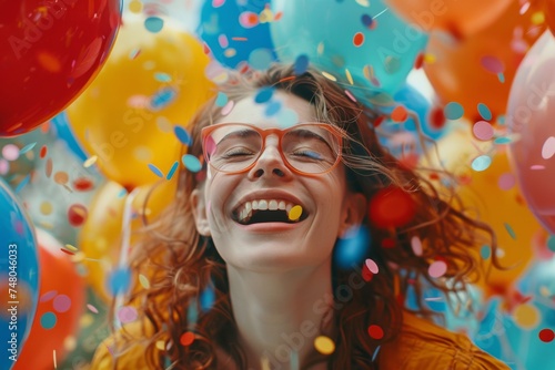 Laughing Woman with Balloons and Falling Confetti  © Rumpa
