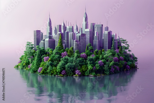 Purple-colored New York City Island in a Surreal 3D Landscape