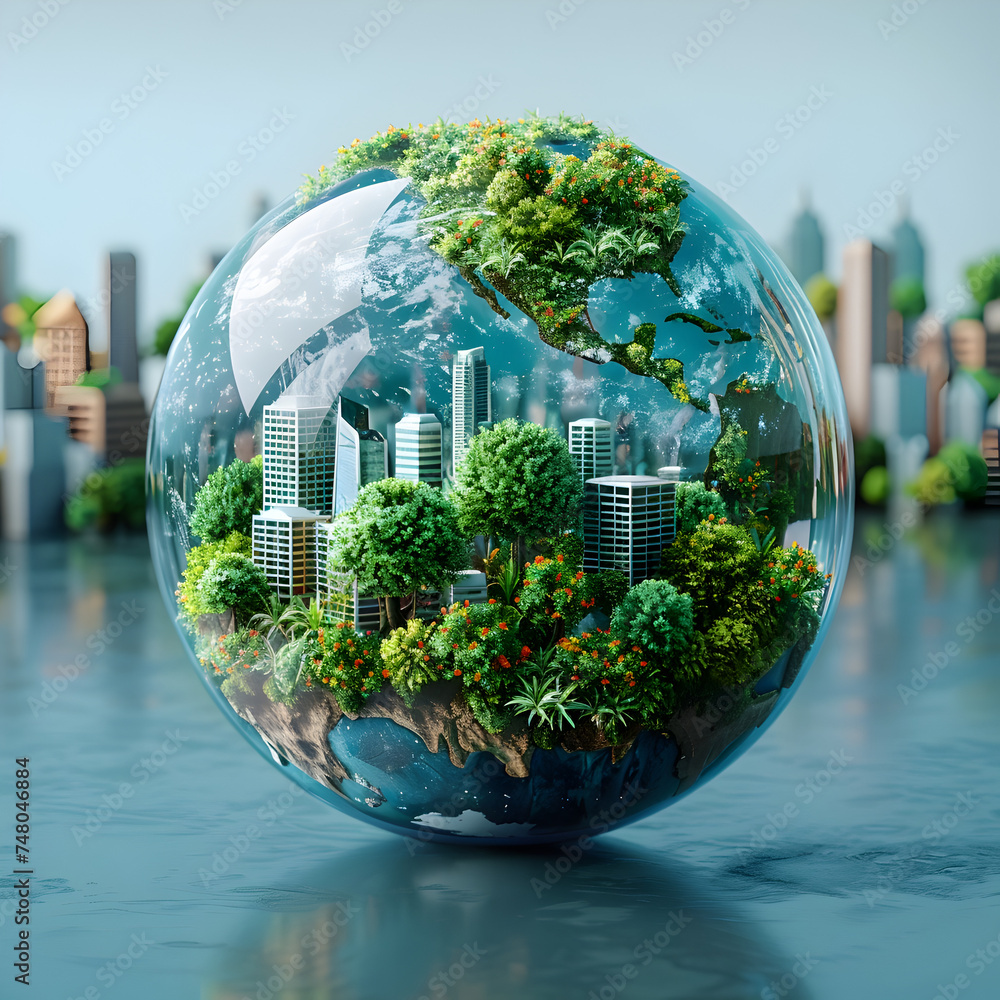 Sustainable Architecture Globe with City and Trees in a Greenery Sphere ...
