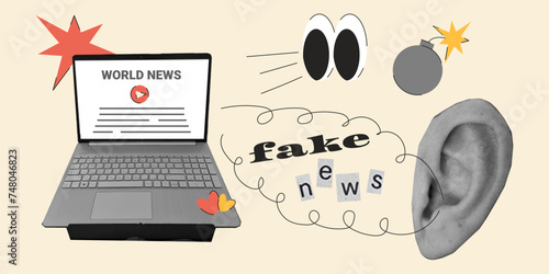 Halftone collage Fake Sosial News concept. Laptop, people's ear and vector elements for poster, banner and social media.