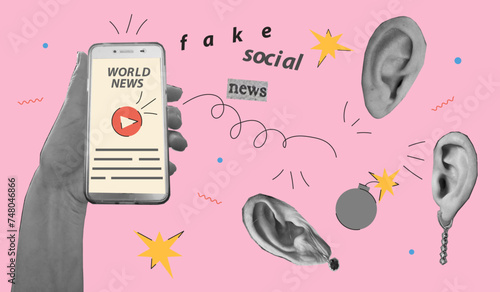 Halftone collage Fake Sosial News concept. Hand, mobile phone, people's ears and vector elements for poster, banner and social media.