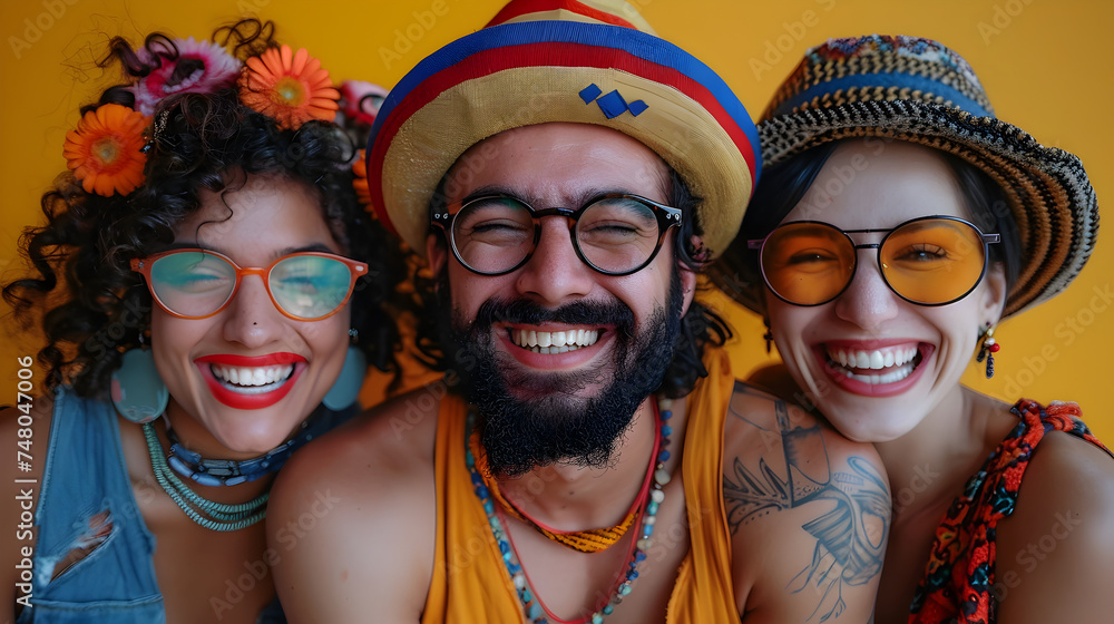 Three Friends Smiling in Colorful Outfits Inspired by Mexican Folklore and Tattoo Art