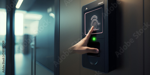 fingerprint and access control in a office building,Close up of a person pressing a button on an elevator. Perfect for illustrating concepts related to technology, transportation, and modern convenien
