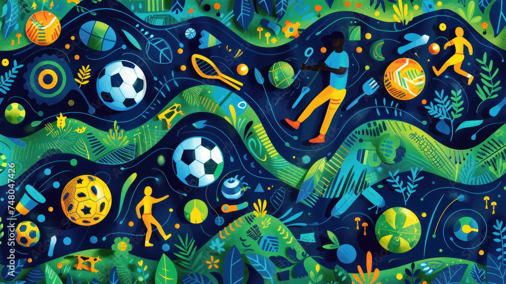 Fototapeta premium Sports and Games Pattern in Blue and Green: A Sporty and Fun Design