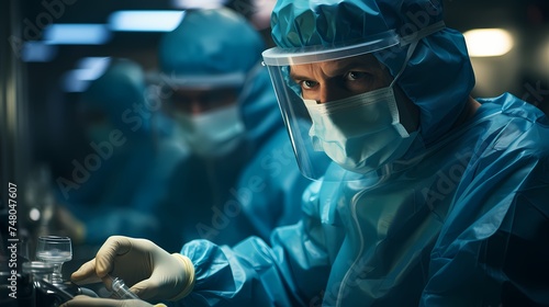 A top-down view of a medical doctor in a surgical mask and gloves performing a delicate procedure, showcasing precision and expertise.