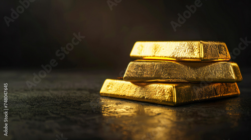 Stacks of pure gold bullion bar on dark background. photo