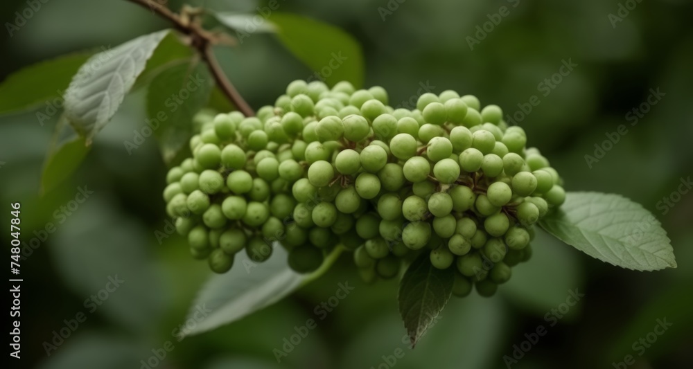 Vibrant cluster of green berries on a leafy branch Vibrant cluster of green berries on a leafy branch