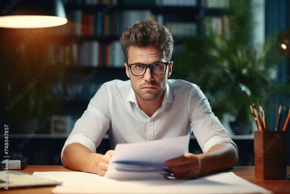 A worried young man businessman, accountant reviews documents, business agreements A worried young man businessman, accountant reviews documents, business agreements