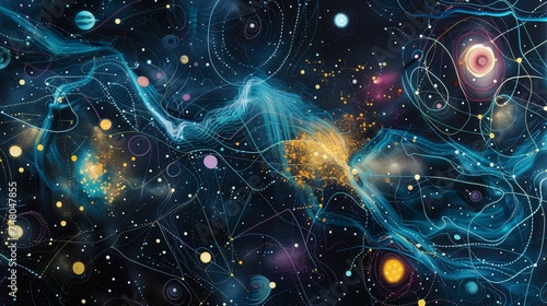 Abstract Orbits and Particles in Space. Space background