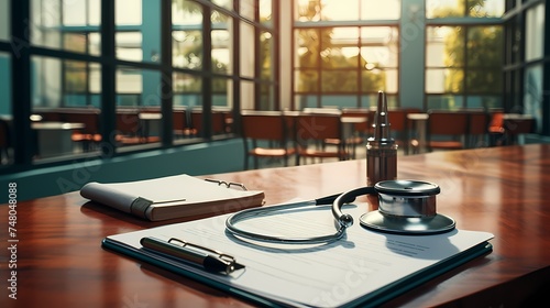A top-down view of a medical clipboard with a stethoscope and pen, symbolizing patient care and medical records, captured with detailed textures and vibrant colors in high-definition clarity photo
